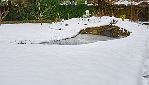 Snow covered pond bar waterfall